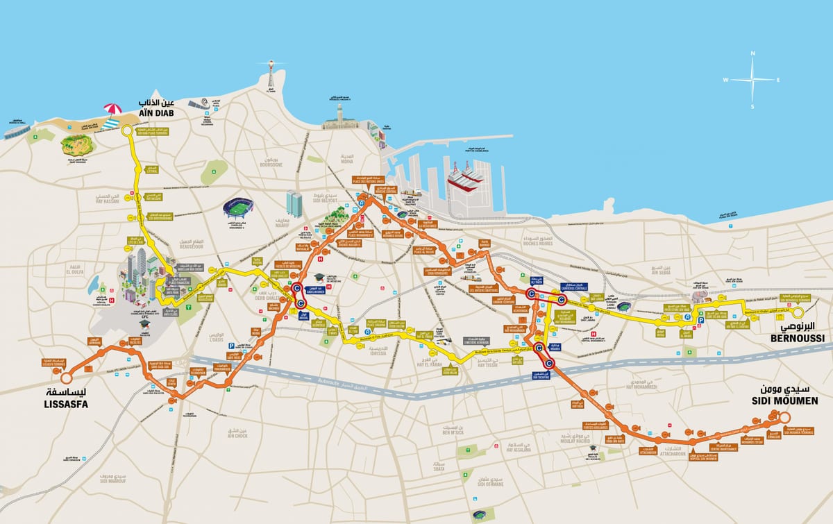 Karte der Straßenbahnhaltestellen von Casablanca